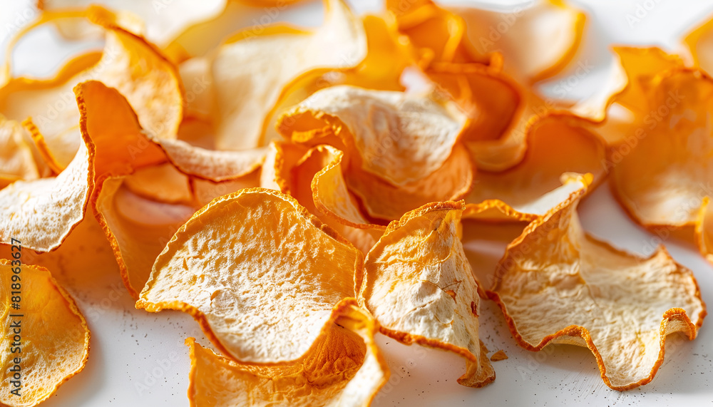 Many dry orange peels on white table, closeup Many dry orange peels on white table, closeup