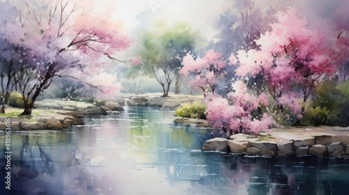 A serene watercolor painting of a tranquil lake surrounded by blossoming cherry trees, reflecting a peaceful and vibrant spring scene.