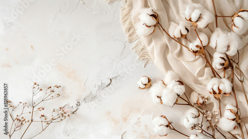 Stylish table Fourting and cotton flowers on light background