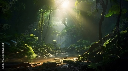 Ancient rainforest with old trees. Generative AI.