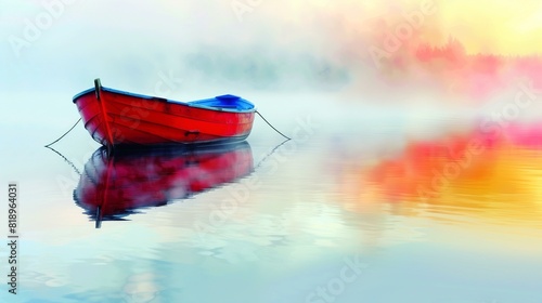Red boat sits calmly in still water photo