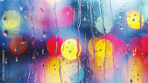 Raindrops on window pane with colorful blurred city lights in background photo