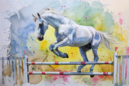 white horse jumping over a hurdle  in style of an aquarelle