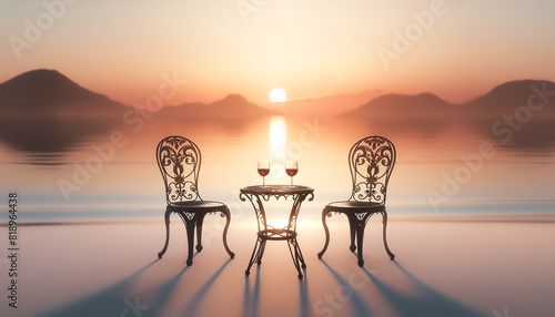 A serene sunset scene on a white sandy beach. There are two wrought iron chairs and a small French-style fisko table in the environment. Two red wine glasses on the table photo