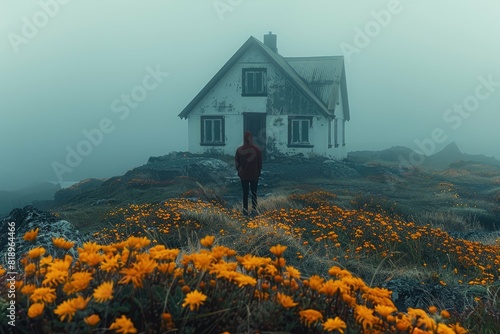 Person in  Jacket Near Remote Red House with Scenic Mountainous Background and Autumn Landscape photo