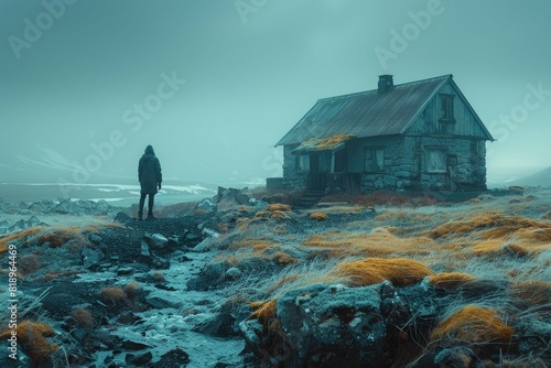 Person in  Jacket Near Remote Red House with Scenic Mountainous Background and Autumn Landscape photo