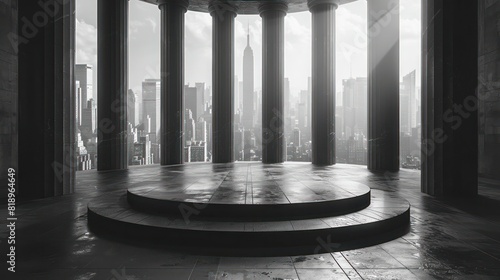 A large empty room with pillars and a view of a city