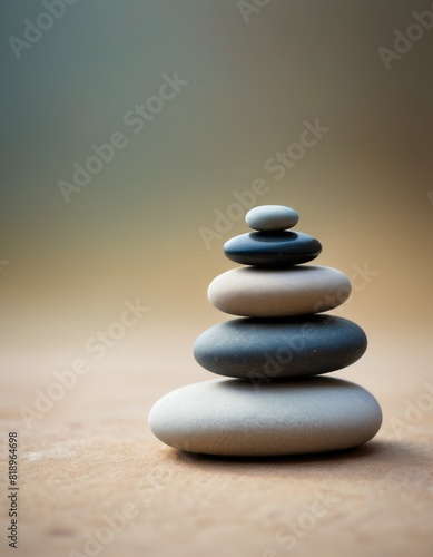 A stack of smooth stones in graduated sizes stands calmly against a blurred background  symbolizing balance and tranquility.