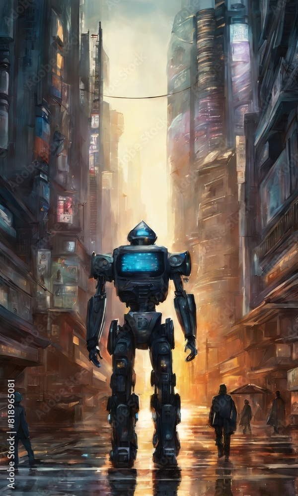 A humanoid robot with a lit visor strides purposefully through a soaked city alley, surrounded by towering skyscrapers under a gloomy sky.. AI Generation