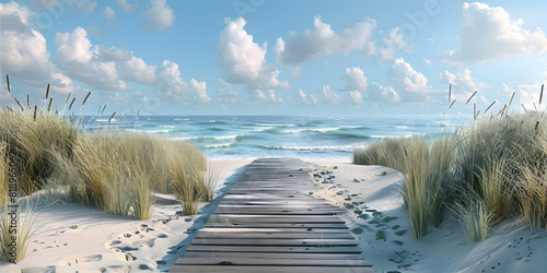 Watercolor painting of a wooden boardwalk with a beach in the background. 