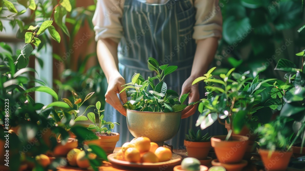 Woman in apron taking care of her indoor plants at home Woman in apron taking care of her indoor plants at home