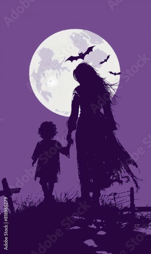 vector illustration of an adult woman with long hair holding the hand on her child in front of full moon