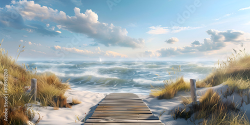 Painting of a path leading to the beach with a view of the ocean generative ai
 #818965280