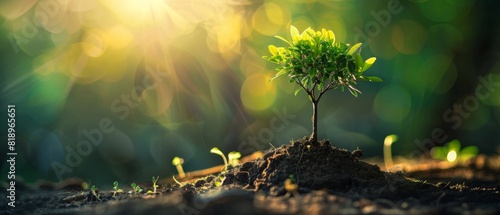 Young plant growing in soil under sunlight, symbolizing new beginnings, growth, and nature's resilience. photo