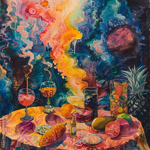a painting of a table with food and drinks