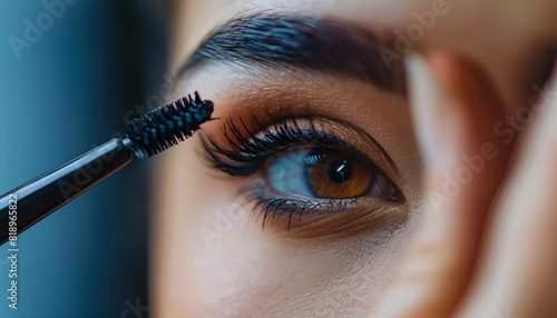 woman applies mascara to her eyelashes, close-up. Cosmetic product photo