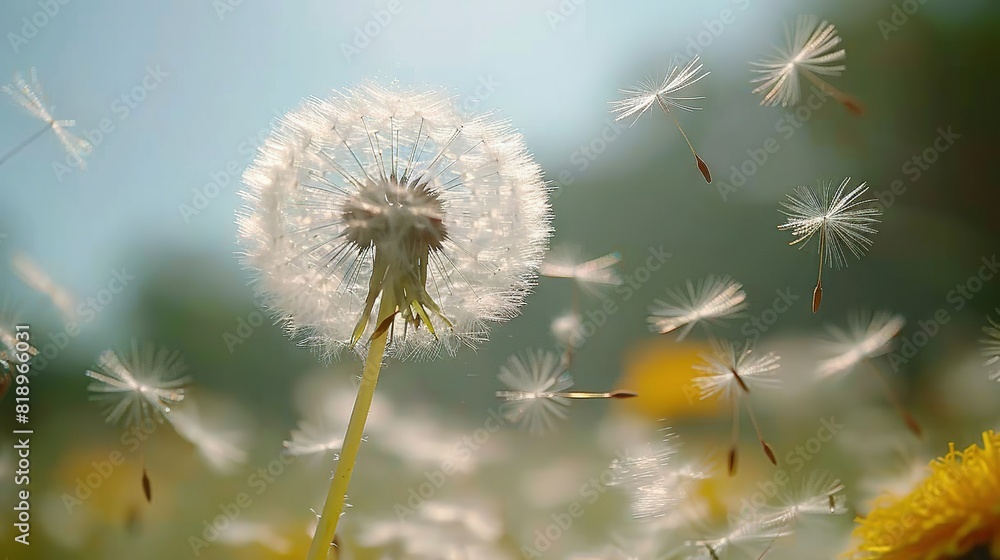   A close-up of a dandelion with numerous white blossoms in the foreground and a blue sky in the backdrop