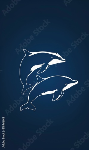 minimalist white line art vector of two dolphins on a navy blue background