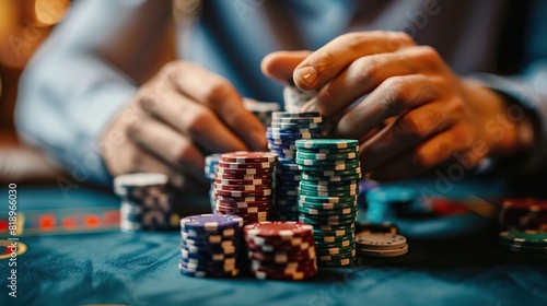 A person is gambling with a large stack of chips in front of them.

