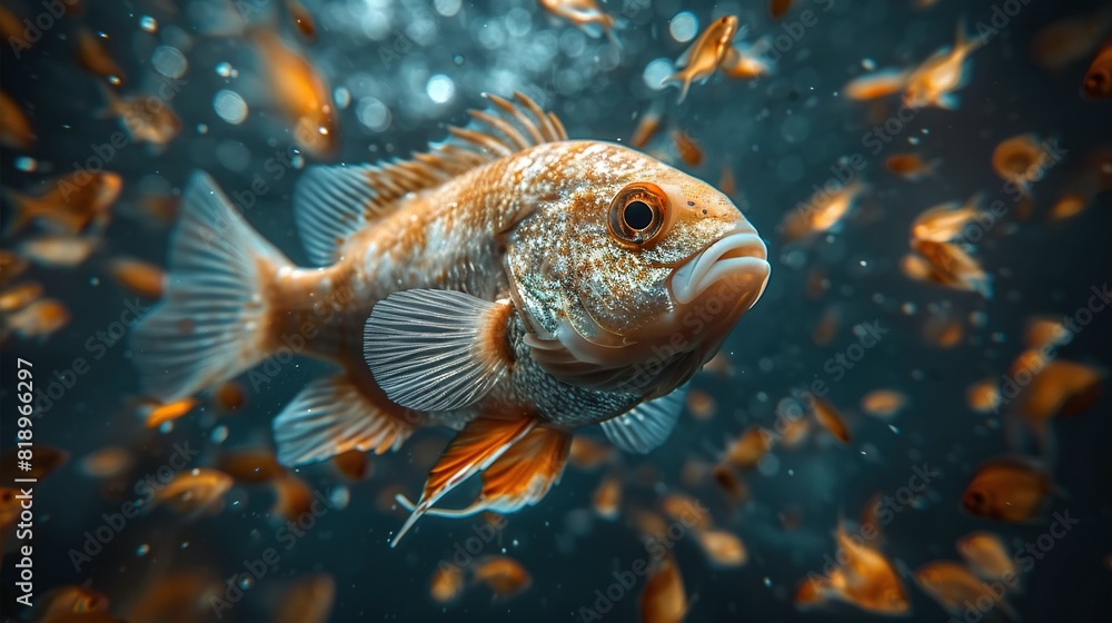 A close-up of a fish in a body of water surrounded by numerous small orange and white fish A close-up of a fish in a body of water surrounded by numerous small orange and white fish
