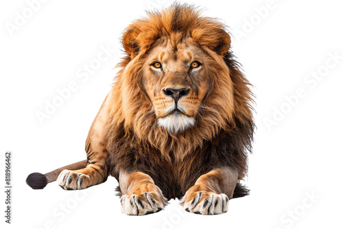 A lion, with its golden-brown fur and a majestic mane, sits regally, embodying strength and power.