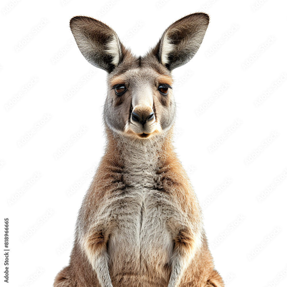 A kangaroo is standing on its hind legs, looking at the camera. It has a joey in its pouch. A kangaroo is standing on its hind legs, looking at the camera. It has a joey in its pouch.
