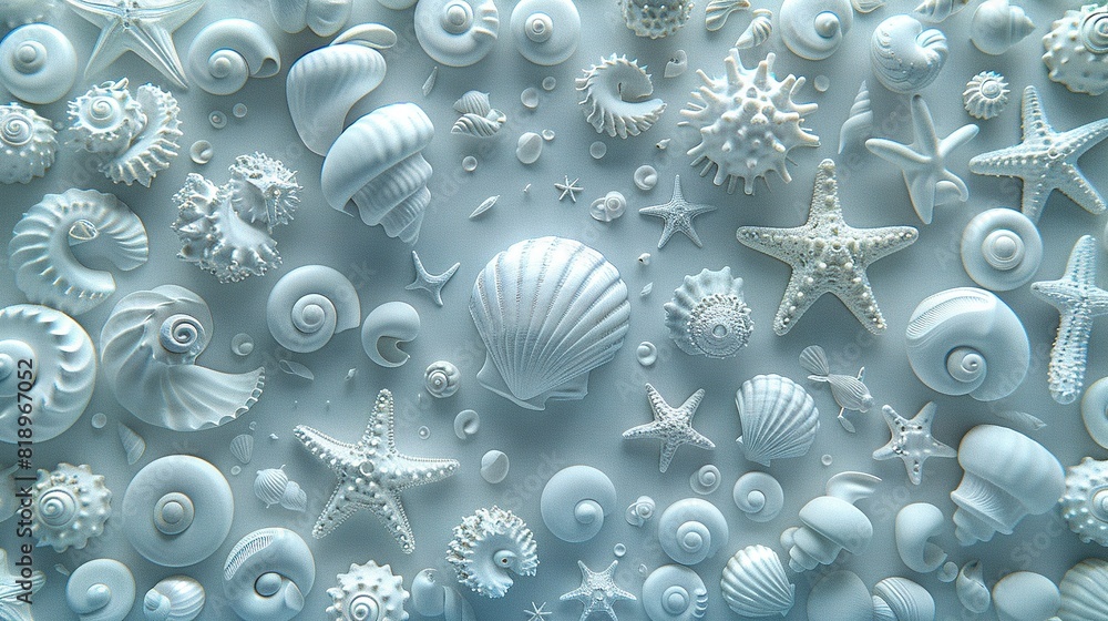 A macro shot of seashells and starfish on white, surrounded by air bubbles below A macro shot of seashells and starfish on white, surrounded by air bubbles below