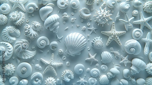  A macro shot of seashells and starfish on white, surrounded by air bubbles below