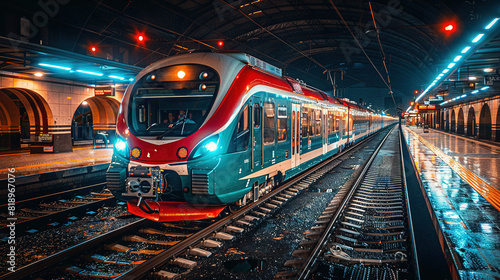  Train illuminated on night-time tracks at a station