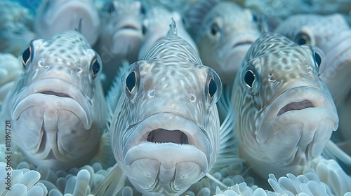  A close-up photo of several cuttlefish perched on a sea anemone in the ocean