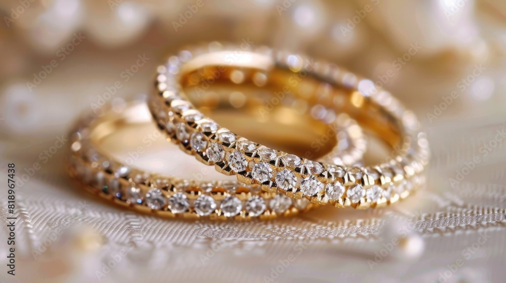 Elegant Diamond and Gold Wedding Bands in Soft Light - Horizontal Close-Up Shot Elegant Diamond and Gold Wedding Bands in Soft Light - Horizontal Close-Up Shot