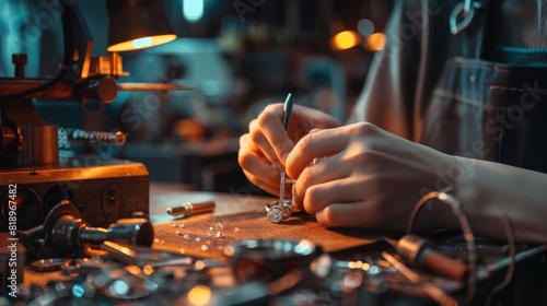 Master Jeweler's Hands Crafting a Sparkling Diamond Ring in Well-Lit Workshop: Expertise and Precision in Making Luxury Jewelry Piece