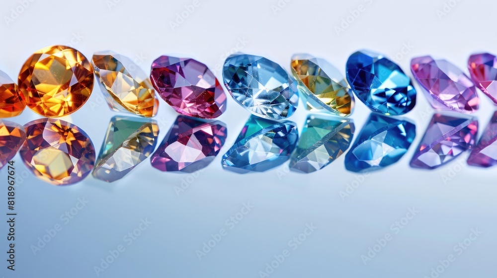 Shimmering Gemstones: Reflective Beauty on Mirrored Surface Shimmering Gemstones: Reflective Beauty on Mirrored Surface