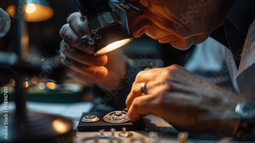 Expert Jewelry Appraiser Examining Valuable Piece in Bright Office Light.