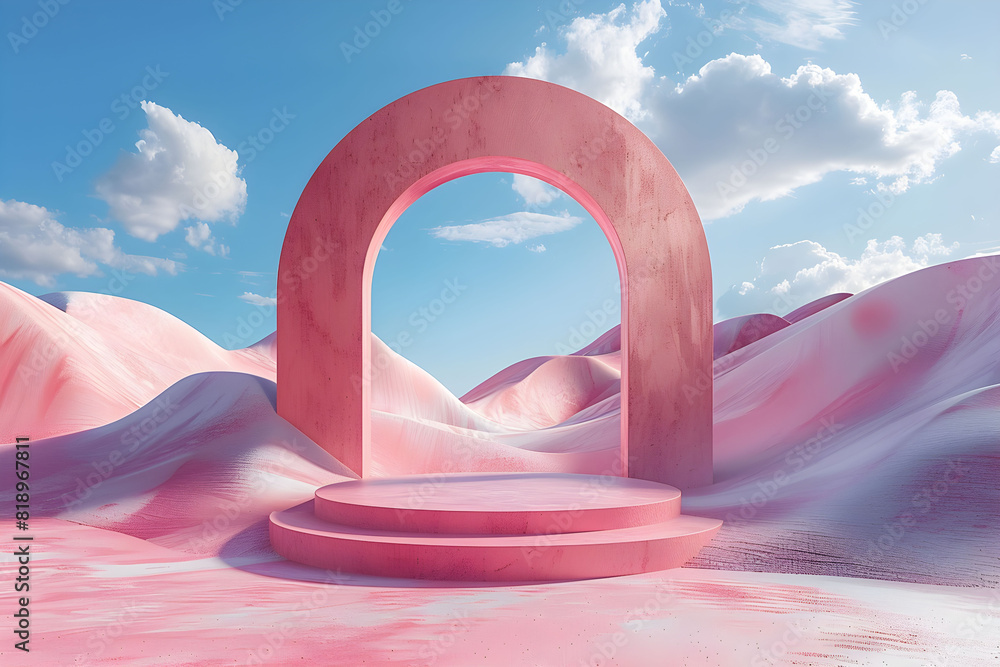 Empty podium with pink in pastel pink desert and blue sky. Pedestal display for product showcase on escapism landscape. Empty podium with pink in pastel pink desert and blue sky. Pedestal display for product showcase on escapism landscape.