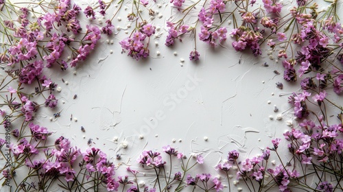 A white background with a purple flower arrangement