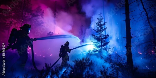 Firefighters use water and foam to combat forest wildfires working diligently. Concept Firefighters, Wildfires, Water, Foam, Emergency
