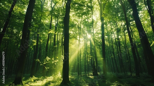Sunlight filters through dense forest trees, creating a serene atmosphere with lush foliage and tranquil, green scenery.