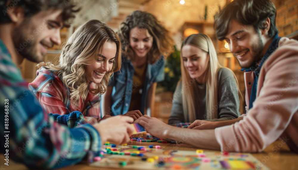 a detailed image of a group of friends, including LGBTQ+ and non-LGBTQ+ couples, playing a board game at a cozy house party, LGBTQ+ Rights, LGBTQ+ couples, LGBTQ+ People, with copy a detailed image of a group of friends, including LGBTQ+ and non-LGBTQ+ couples, playing a board game at a cozy house party, LGBTQ+ Rights, LGBTQ+ couples, LGBTQ+ People, with copy