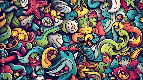 a colorful and abstract drawing with many different shapes and patterns