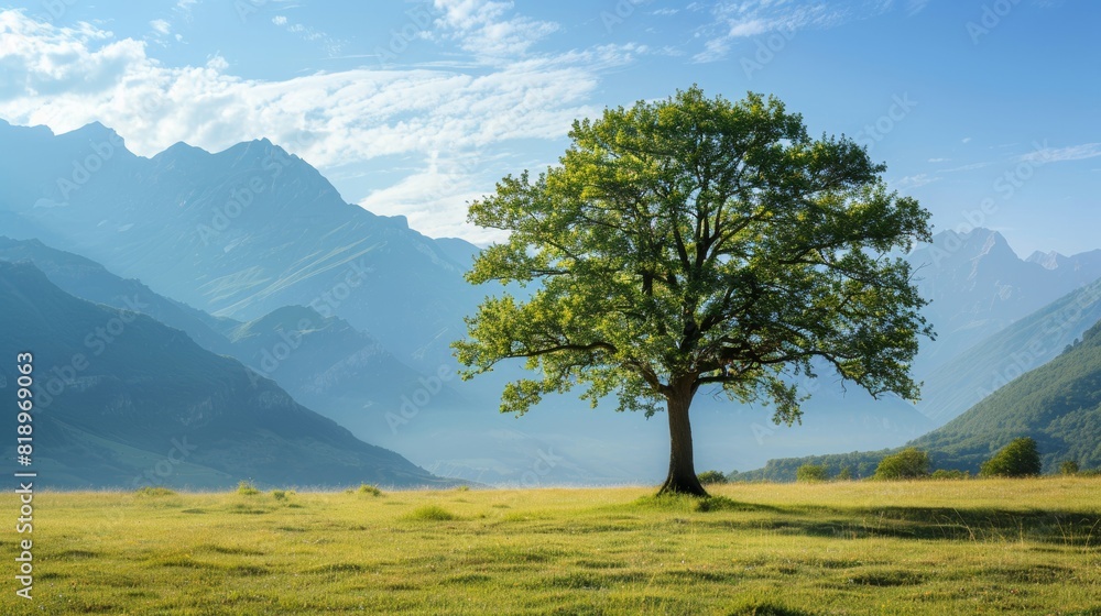 Solitary green tree in vast meadow with mountains in the background, under a clear blue sky. Calm and serene natural landscape scenery. Solitary green tree in vast meadow with mountains in the background, under a clear blue sky. Calm and serene natural landscape scenery.
