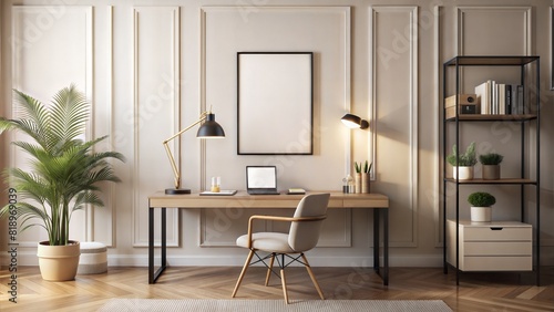 Home office wall black border poster mockup with soft Beige and white modern interiors. Avoid lamps in front of frames. 