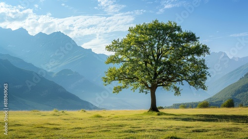 Solitary green tree in vast meadow with mountains in the background  under a clear blue sky. Calm and serene natural landscape scenery.