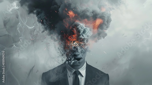 A man's face with his head on fire. photo