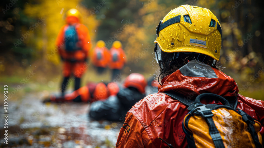 Search and rescue team in action during a wet and challenging operation in a densely wooded area. Search and rescue team in action during a wet and challenging operation in a densely wooded area.