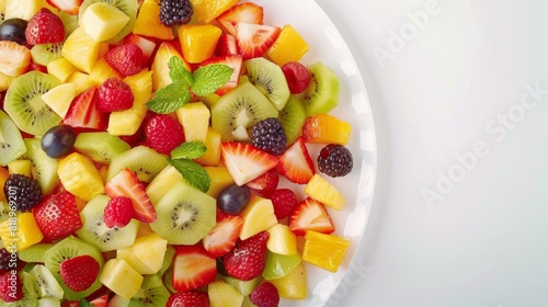 Top view of a vibrant assortment of fresh cut fruits  including strawberries  kiwi  pineapple and berries  served in a white bowl garnished with mint