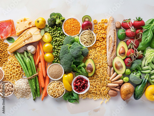Group of food with high content of dietary fiber arranged side by side photo
