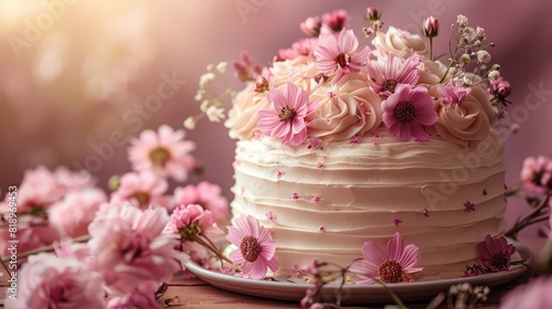 A white cake with pink flowers on top of it