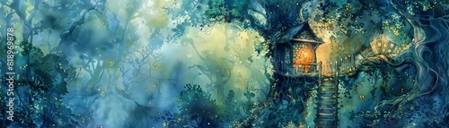 Enchanting treehouse in a mystical forest, detailed in watercolor photo