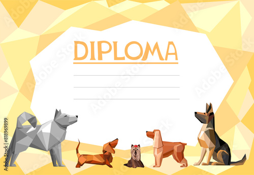 Dog pet care diploma or certificate vector template with cartoon zoo shop items for puppies. Award frame template with dogs. Certificate template. flat vector. Diploma of dog show. Best of the Breed
